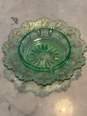 Green Pressed Glass Dish with Gold fleur de lis trim